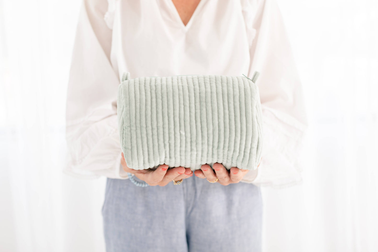 Velvet & Block Print Cosmetic Pouch-Mint