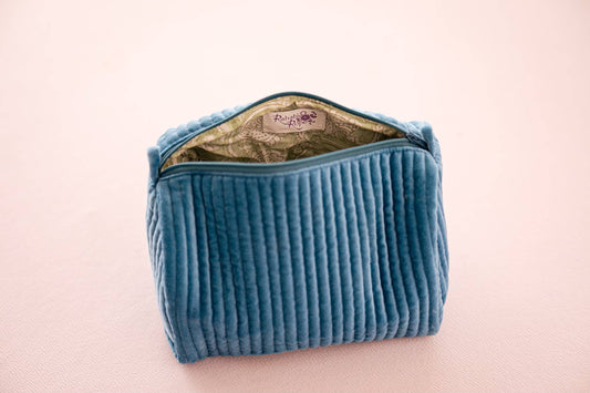 Velvet & Block Print Cosmetic Pouch-Blue