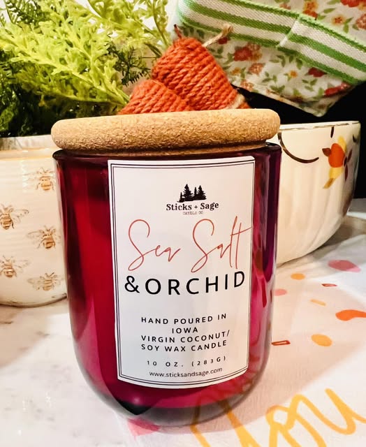 10 Oz Wood Wick Coconut/Soy Wax Candle- Sea Salt & Orchid